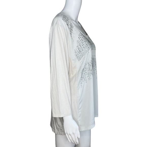 Chicos Shirt Womens XL Light Gray Embellished Mixed Media Updated Basic Party - Picture 2 of 8